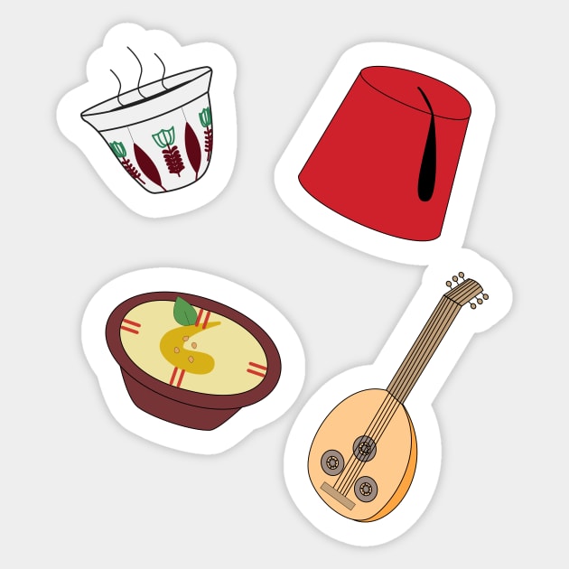 Middle East Starter Pack - Arabic coffee, tarboosh hat, hummus, oud instrument Sticker by Ralph Hovsepian